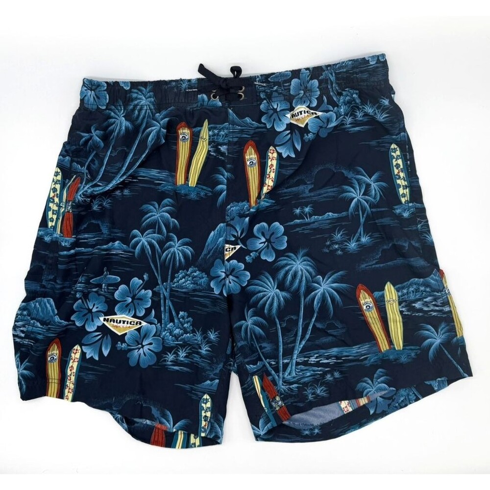 Nautica Men's Swim Trunks Size XL Blue Tropical Surfboard Floral Mesh Lined